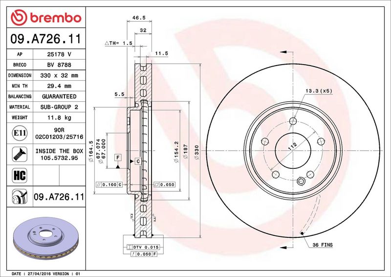09.A726.11 BREMBO Disco freno 
