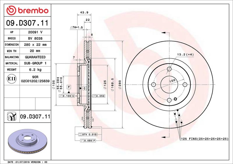 09.D307.11 BREMBO Disco freno 