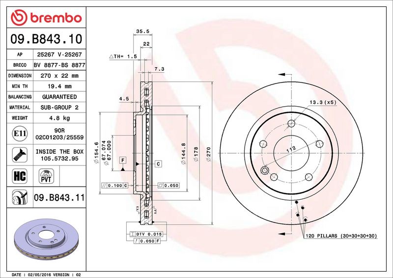 09.B843.11 BREMBO Disco freno 