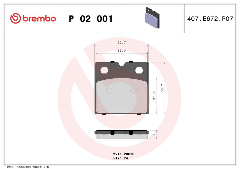 P02001 BREMBO Kit pastiglie freno, Freno di stazionamento a disco 