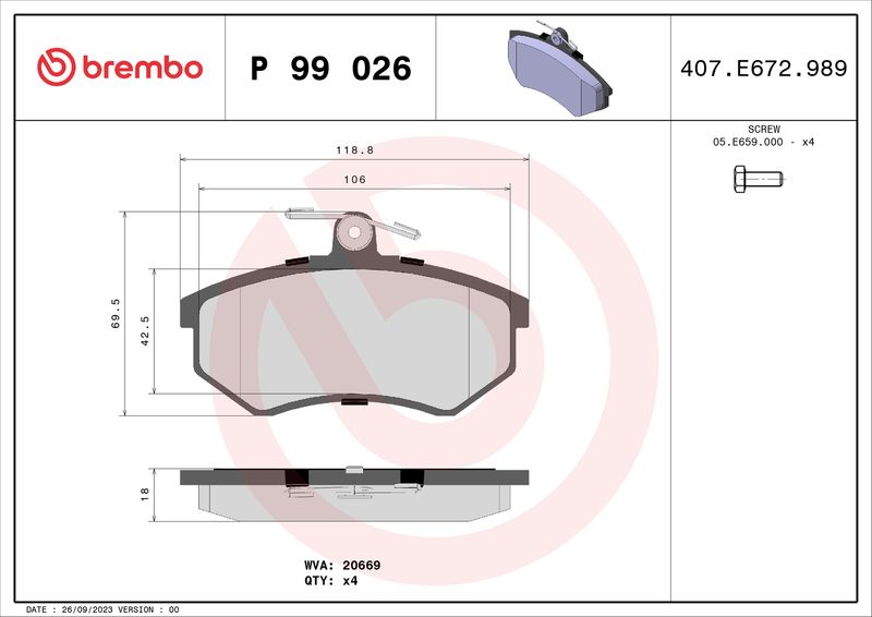 P99026 BREMBO Kit pastiglie freno, Freno a disco 