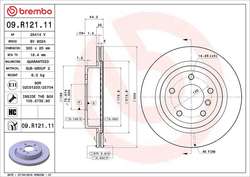 09.R121.11 BREMBO Disco freno 