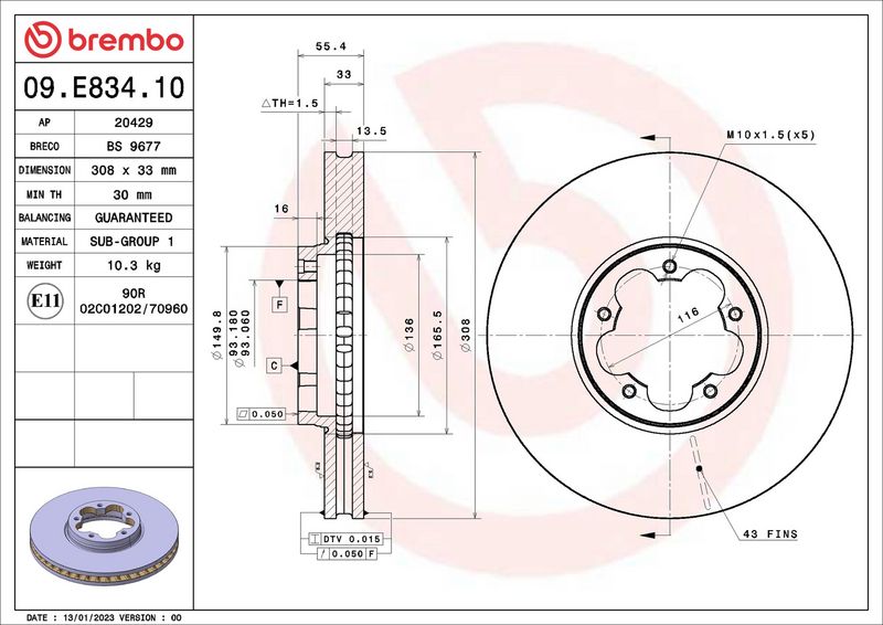 09.E834.10 BREMBO Disco freno 