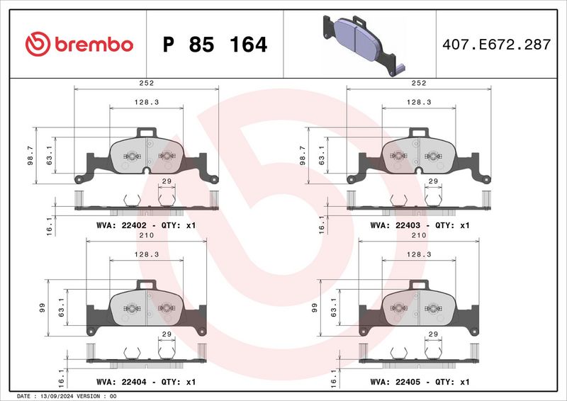 P85164 BREMBO Kit pastiglie freno, Freno a disco 