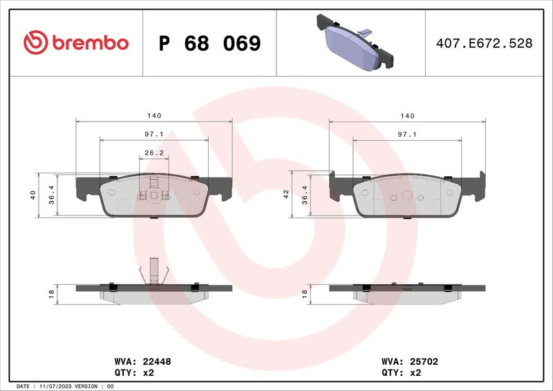 P68069 BREMBO Kit pastiglie freno, Freno a disco 