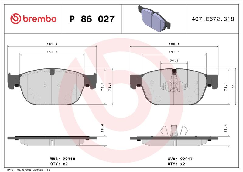 P86027 BREMBO Kit pastiglie freno, Freno a disco 