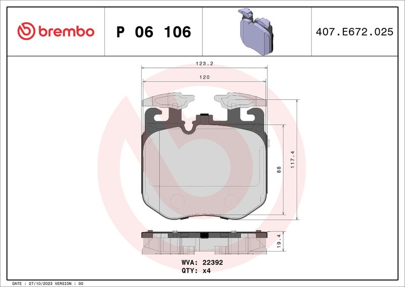 P06106 BREMBO Kit pastiglie freno, Freno a disco 