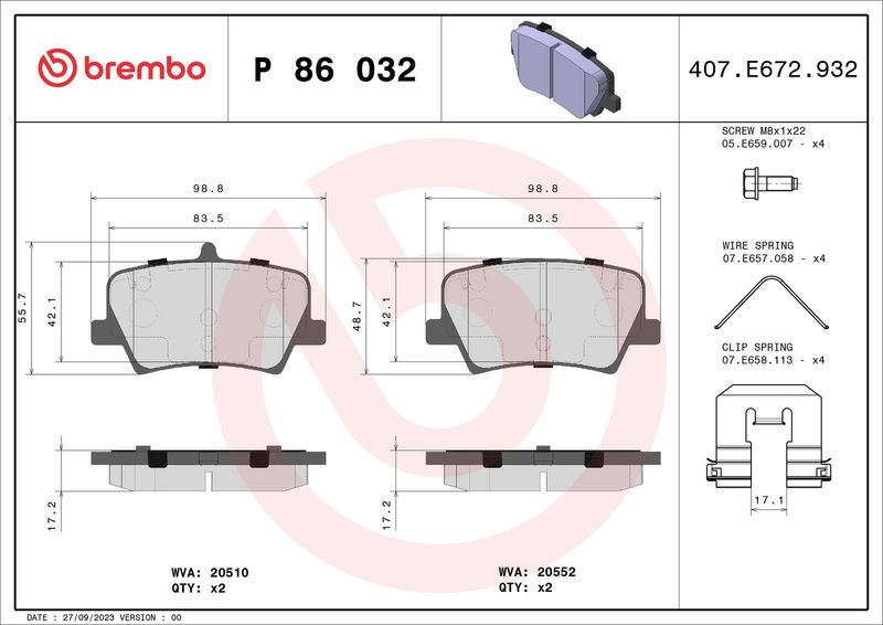 P86032 BREMBO Kit pastiglie freno, Freno a disco 