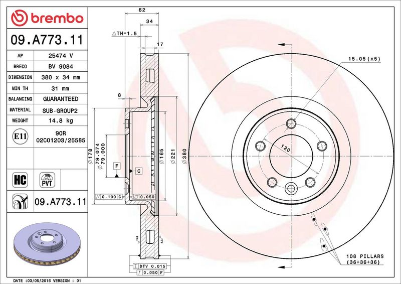 09.A773.11 BREMBO Disco freno 