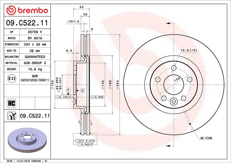 09.C522.11 BREMBO Disco freno 