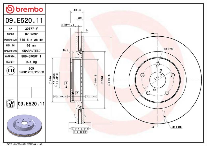 09.E520.11 BREMBO Disco freno 