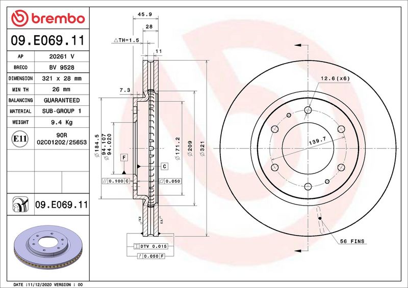 09.E069.11 BREMBO Disco freno 