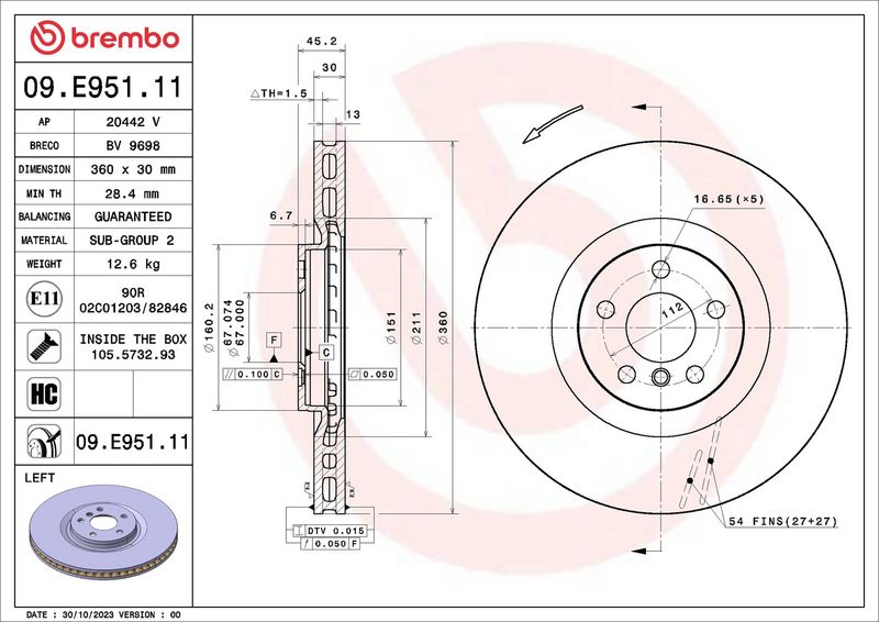 09.E951.11 BREMBO Disco freno 