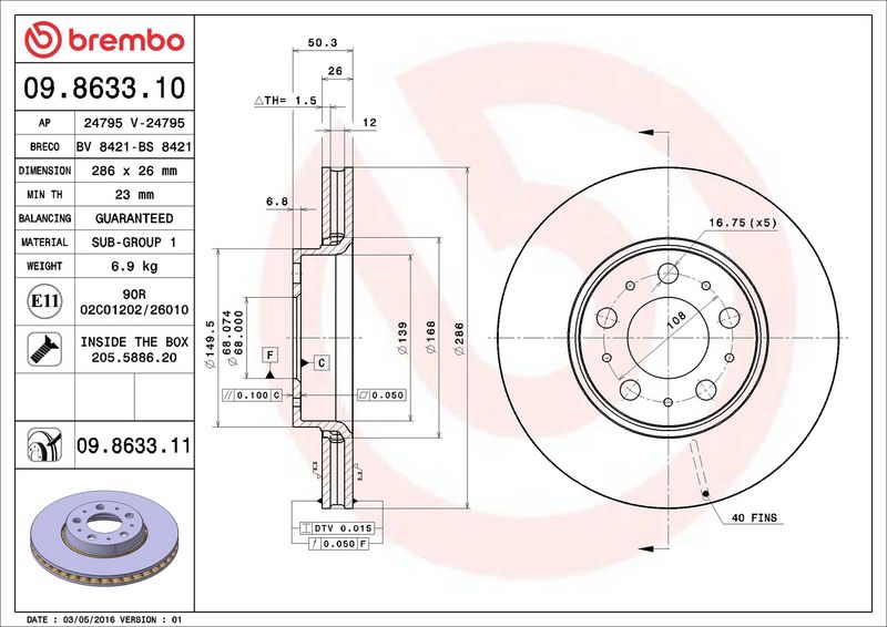 09.8633.11 BREMBO Disco freno 