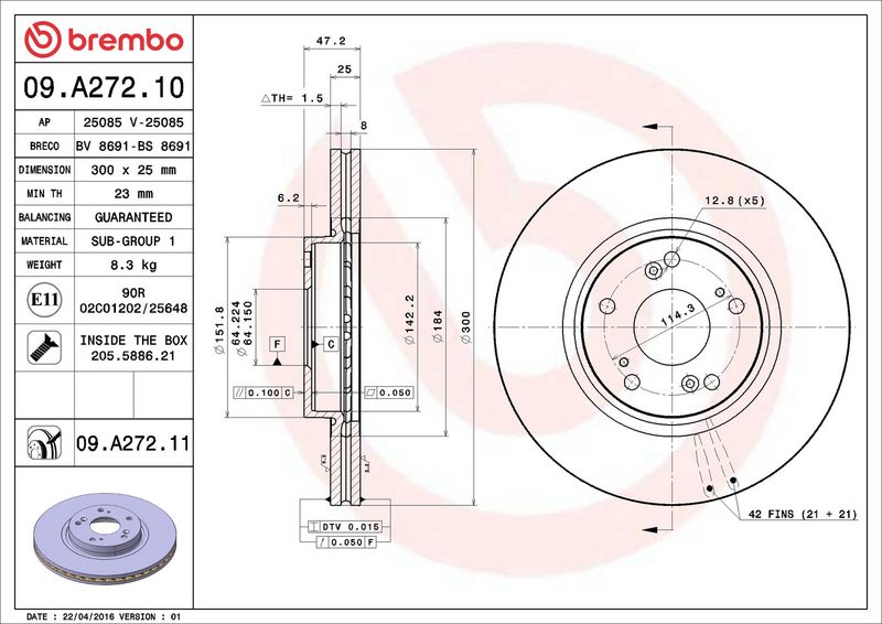 09.A272.11 BREMBO Disco freno 