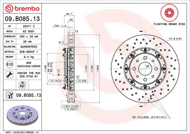 09.B085.13 BREMBO Disco freno 