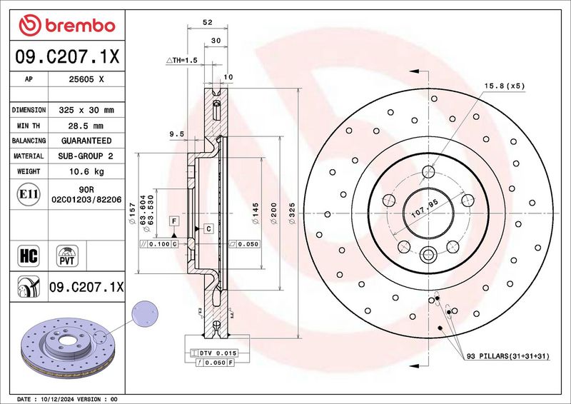 09.C207.1X BREMBO Disco freno 