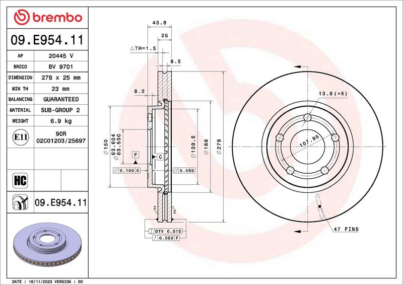 09.E954.11 BREMBO Disco freno 