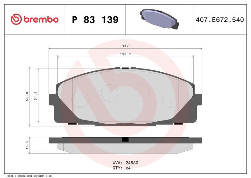 P83139 BREMBO Kit pastiglie freno, Freno a disco 