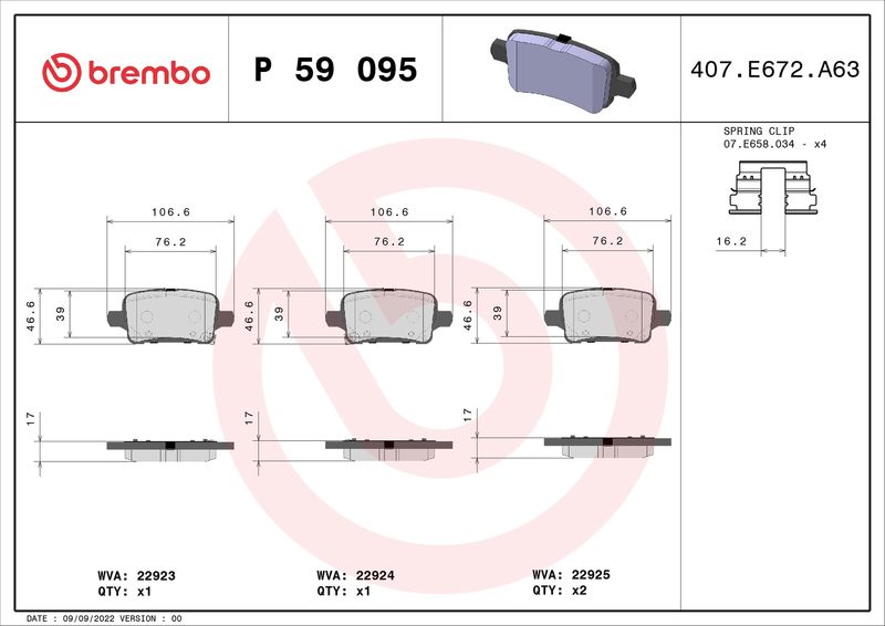 P59095 BREMBO Kit pastiglie freno, Freno a disco 