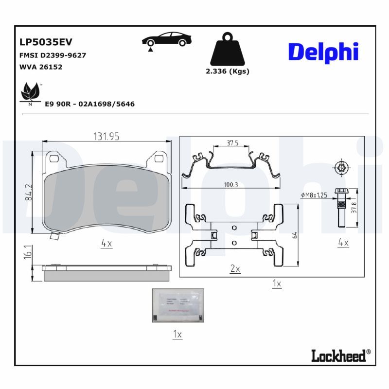 LP5035EV DELPHI Kit pastiglie freno, Freno a disco Kit pastiglie freno, Freno di stazionamento a disco 