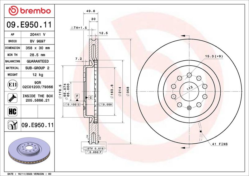 09.E950.11 BREMBO Disco freno 