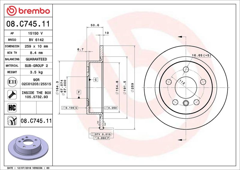 08.C745.11 BREMBO Disco freno 