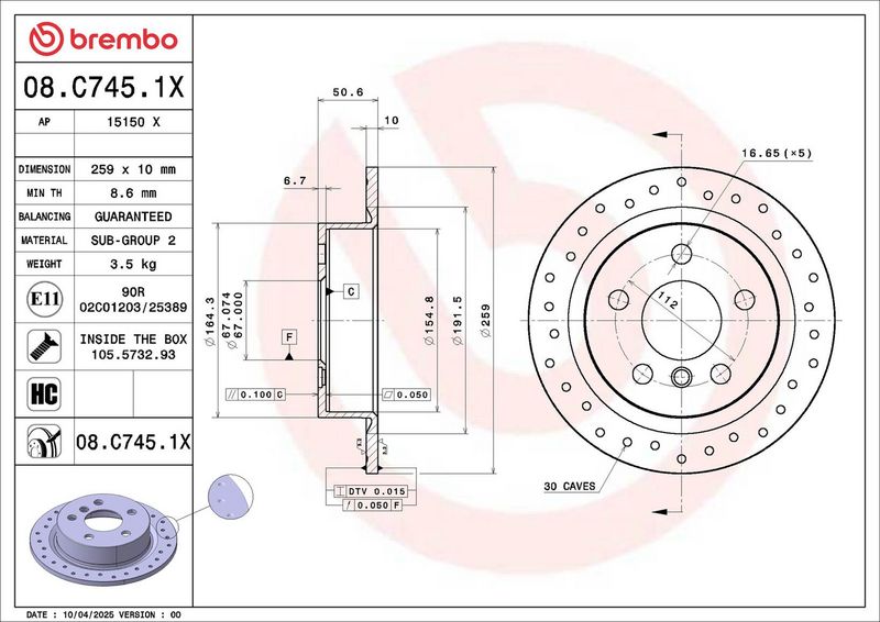 08.C745.1X BREMBO Disco freno 