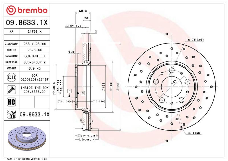 09.8633.1X BREMBO Disco freno 
