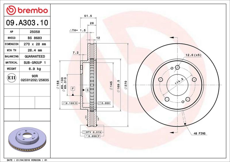 09.A303.10 BREMBO Disco freno 