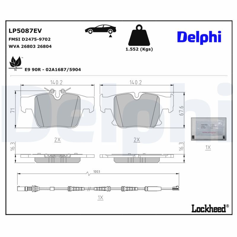 LP5087EV DELPHI Kit pastiglie freno, Freno a disco Kit pastiglie freno, Freno di stazionamento a disco 