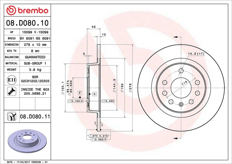 08.D080.11 BREMBO Disco freno 