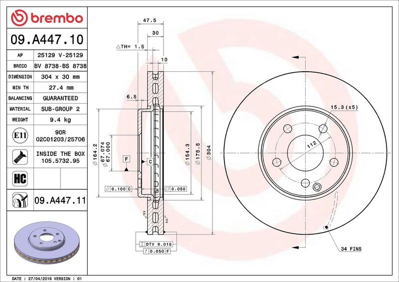 09.A447.11 BREMBO Disco freno 