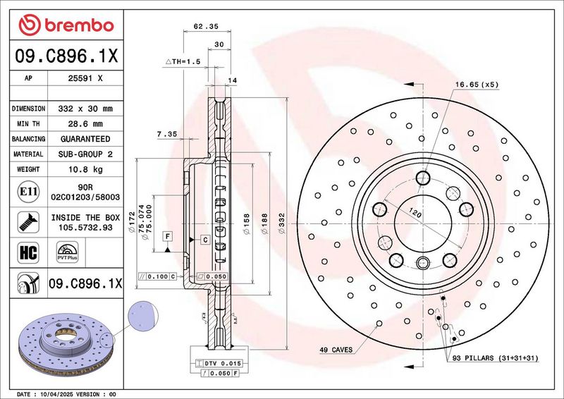 09.C896.1X BREMBO Disco freno 