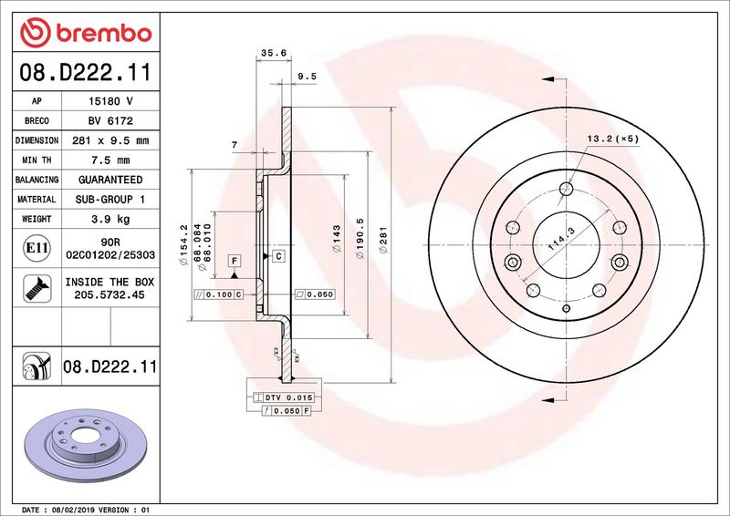 08.D222.11 BREMBO Disco freno 