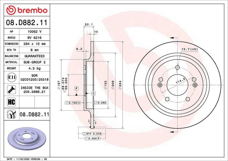 08.D882.11 BREMBO Disco freno 