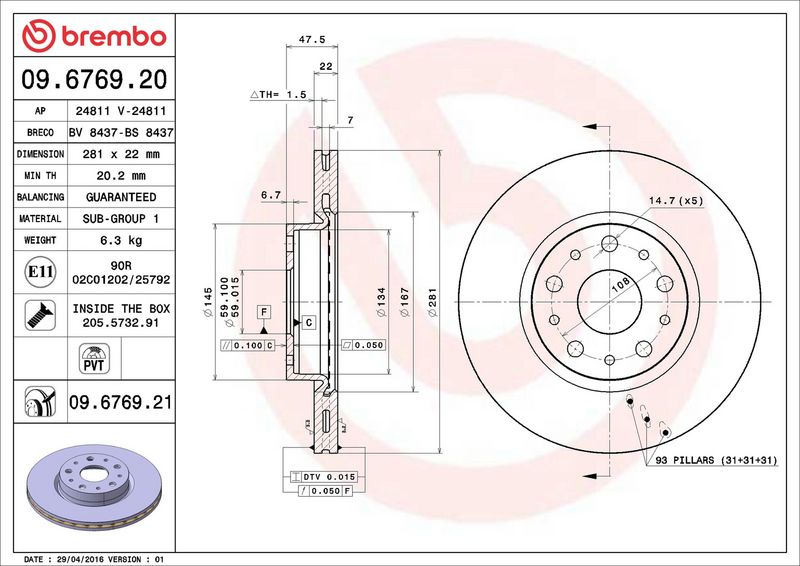 09.6769.21 BREMBO Disco freno 