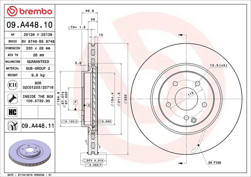 09.A448.11 BREMBO Disco freno 