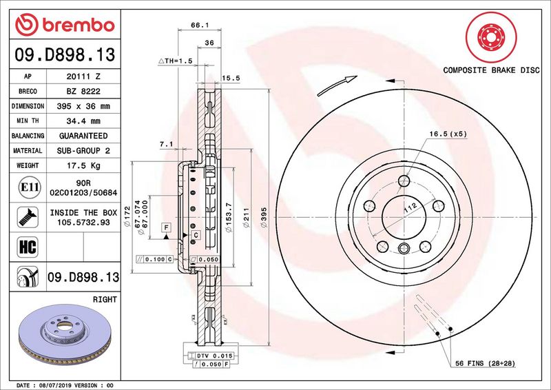 09.D898.13 BREMBO Disco freno 