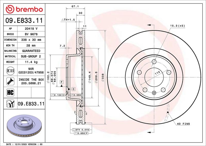 09.E833.11 BREMBO Disco freno 