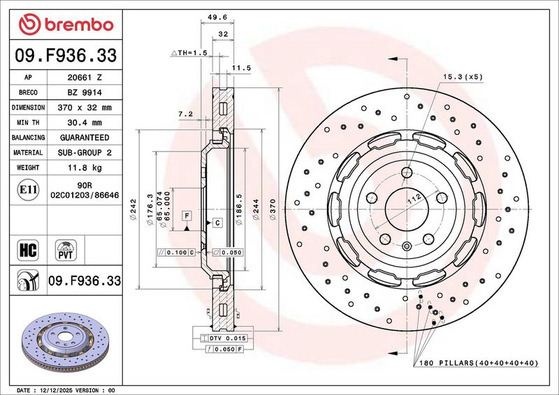 09.F936.33 BREMBO Disco freno 
