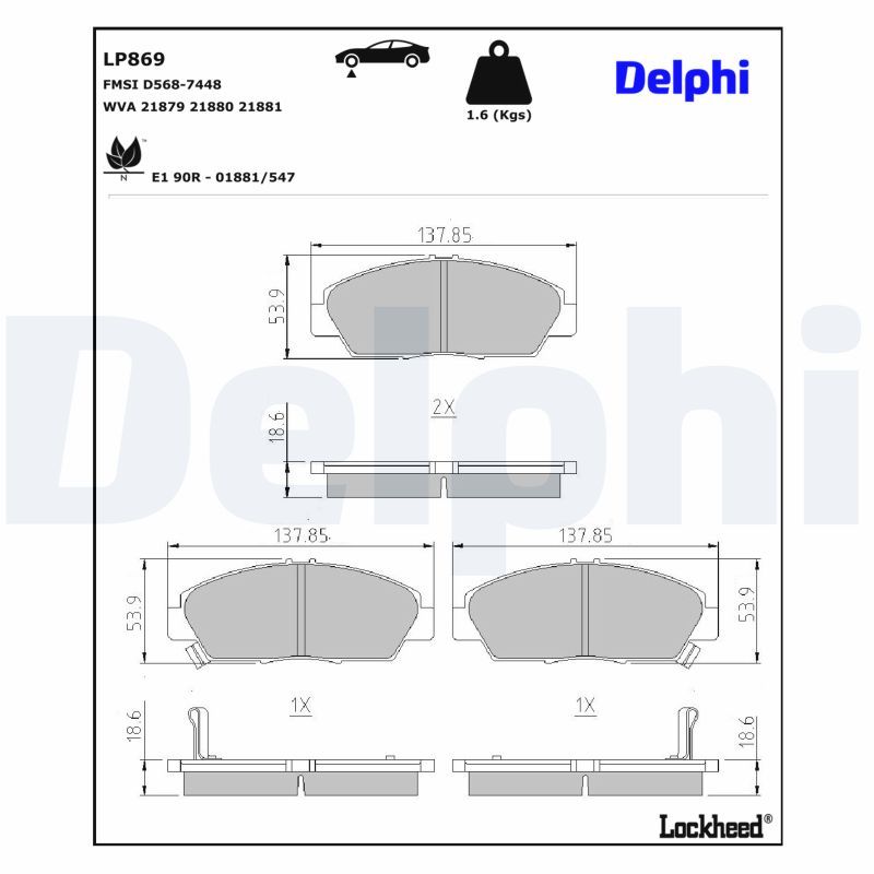 LP869 DELPHI Kit pastiglie freno, Freno a disco 
