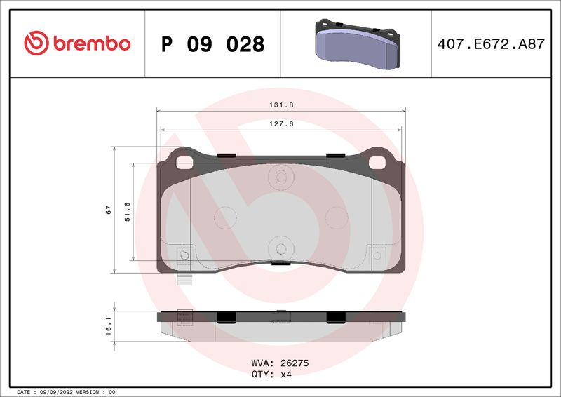 P09028 BREMBO Kit pastiglie freno, Freno a disco 