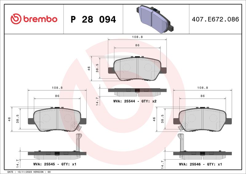 P28094 BREMBO Kit pastiglie freno, Freno a disco 