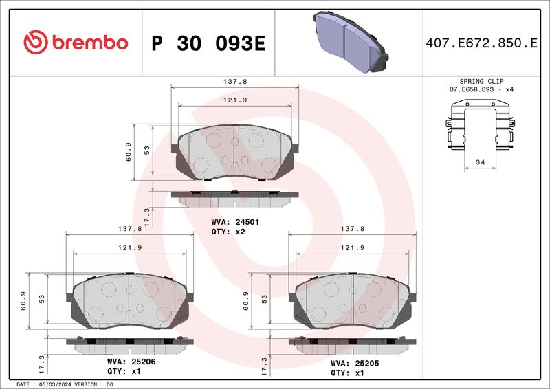 P30093E BREMBO Kit pastiglie freno, Freno a disco 