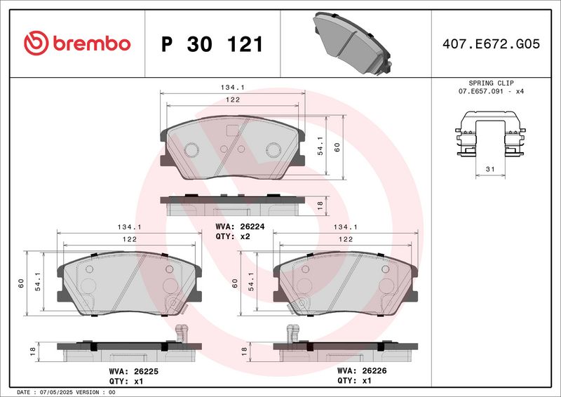 P30121 BREMBO Kit pastiglie freno, Freno a disco 