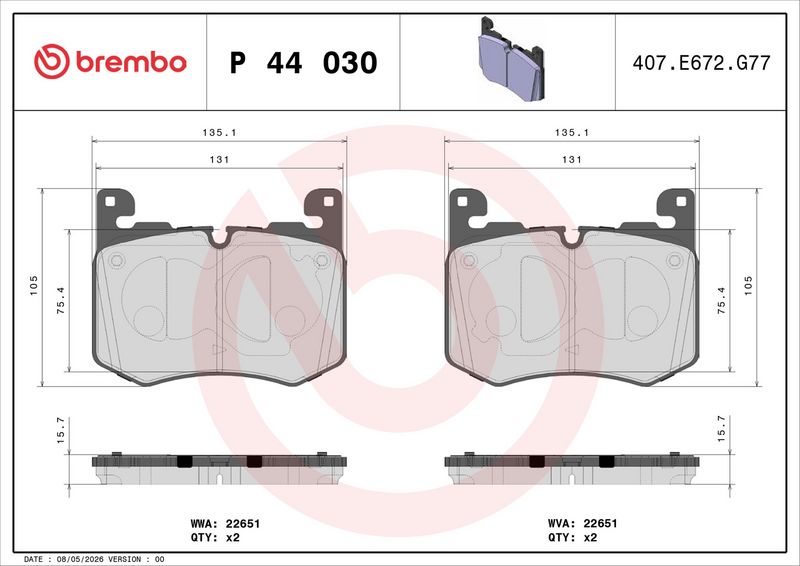 P44030 BREMBO Kit pastiglie freno, Freno a disco 