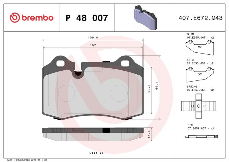 P48007 BREMBO Kit pastiglie freno, Freno a disco 