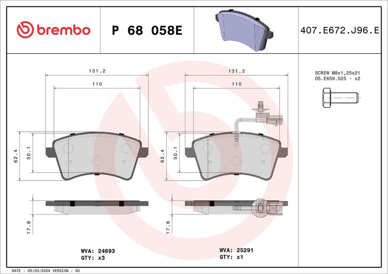 P68058E BREMBO Kit pastiglie freno, Freno a disco 