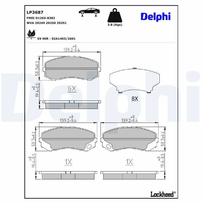 LP3687 DELPHI Kit pastiglie freno, Freno a disco Kit pastiglie freno, Freno di stazionamento a disco 